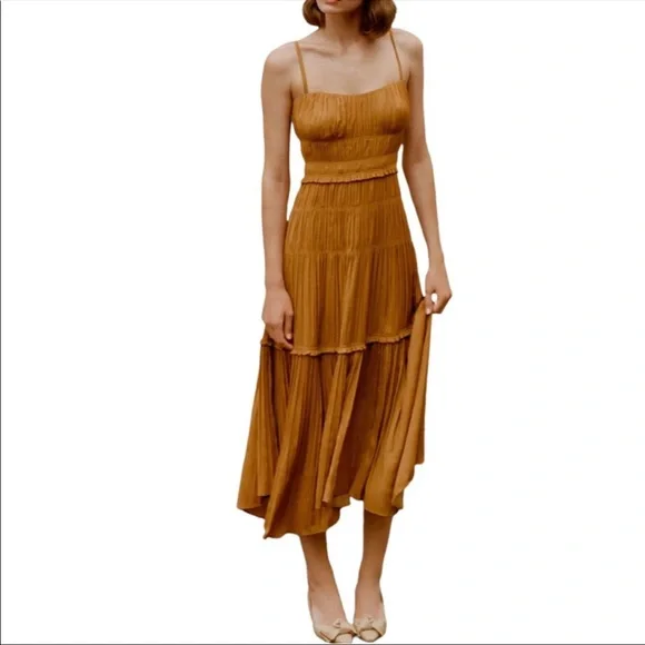 anthropologie ruched tiered dress Anthropologie | Dresses | Anthropologie Ruched Tiered Satin Slip Midi Dress  Gold